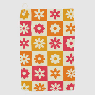 Retro colourful Flowers on Checkerboards  Golf Towel