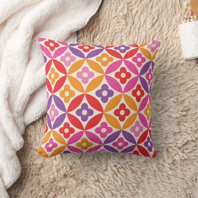 Retro Colourful  Flowers on Mid Century Circles  Cushion (Blanket)