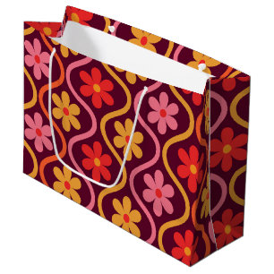 Retro Colourful Flowers on Vintage Ogee Pattern  Large Gift Bag