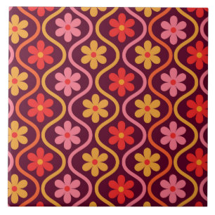 Retro Colourful Flowers on Vintage Ogee Pattern Tile