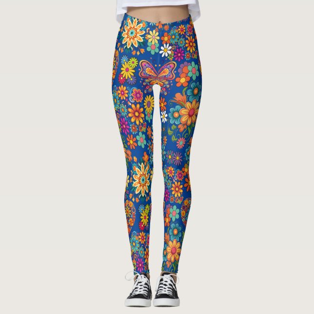Retro colourful flowers pattern. Blue BG Leggings (Front)
