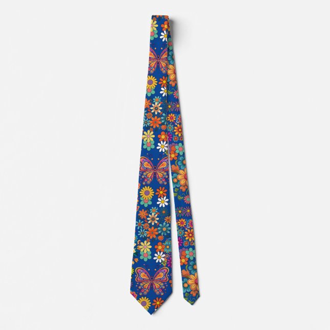 Retro colourful flowers pattern. Blue BG Tie (Front)