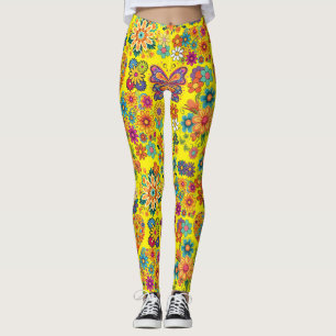 Retro colourful flowers pattern. Bright Yellow BG Leggings
