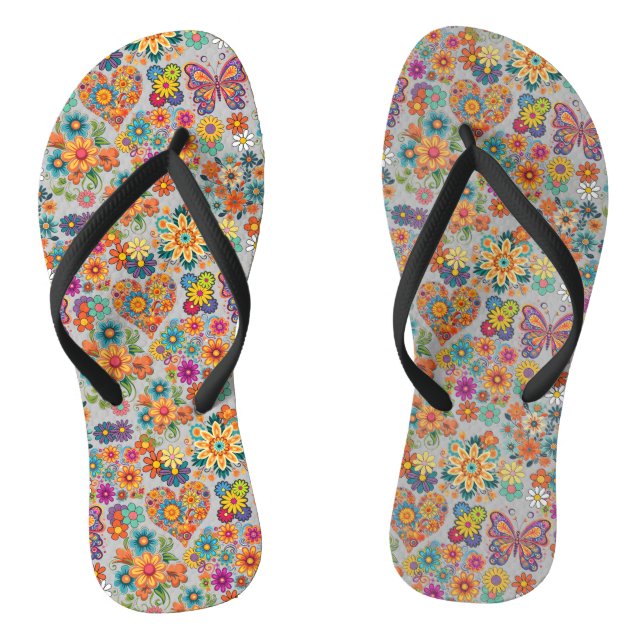 Retro colourful flowers pattern. L Grey BG Jandals (Footbed)