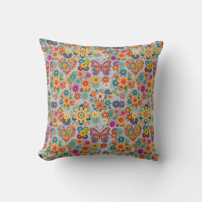 Retro colourful flowers pattern. L Grey BG Lumbar Cushion (Front)