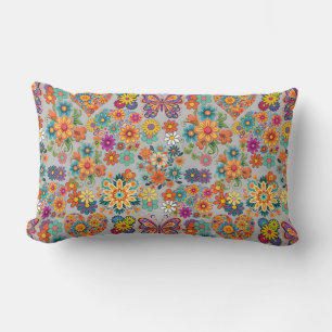 Retro colourful flowers pattern. L Grey BG Lumbar Cushion