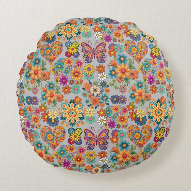 Retro colourful flowers pattern. L Grey BG Round Cushion (Front)