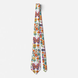 Retro colourful flowers pattern. White BG Tie