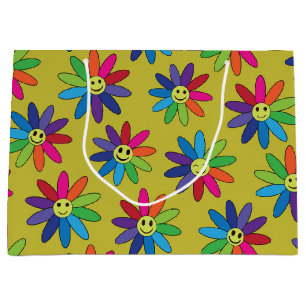 Retro colourful flowers with happy faces pattern large gift bag