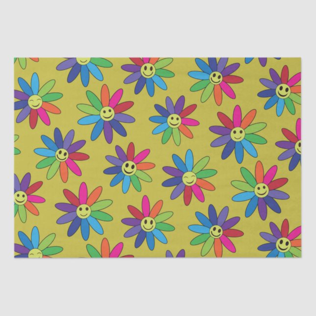 Retro   colourful flowers with happy faces pattern tissue paper (Front)