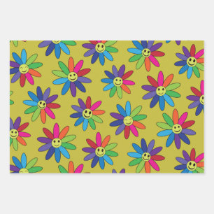Retro   colourful flowers with happy faces pattern wrapping paper sheet