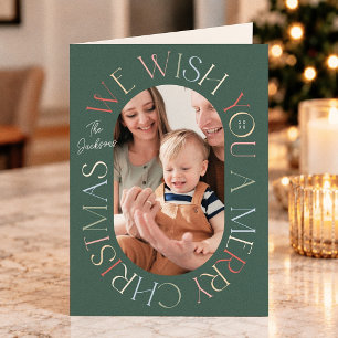 Retro Colourful Green Holiday Photo Christmas Card