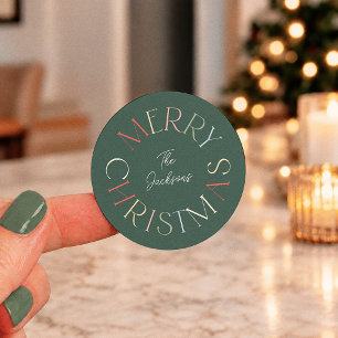 Retro Colourful Green Merry Christmas Classic Round Sticker