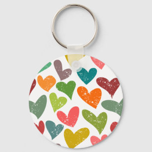 Retro Colourful Groovy Valentine Hearts Pattern Key Ring