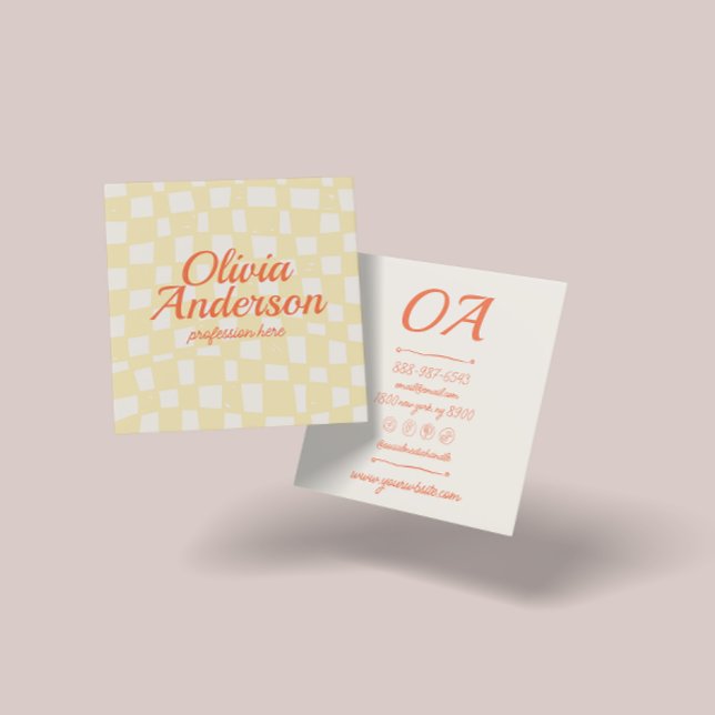 Retro Colourful Hand Drawn Chequered Groovy Cute Square Business Card (Creator Uploaded)