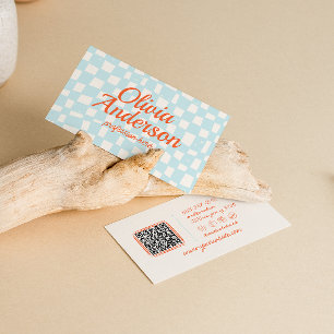 Retro Colourful Hand Drawn Chequered Groovy QR Cod Business Card