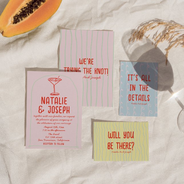 Retro Colourful Hand Drawn Martini Quirky Wedding Invitation (Creator Uploaded)