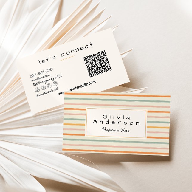 Retro Colourful Hand Drawn Stripes Unique QR Code Business Card (Creator Uploaded)