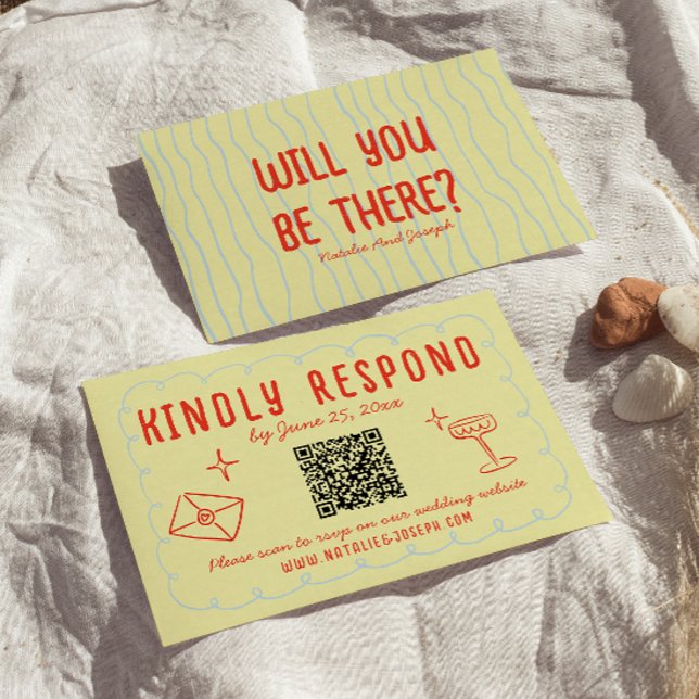 Retro Colourful Hand Drawn Unique QR Code Wedding  RSVP Card (Creator Uploaded)
