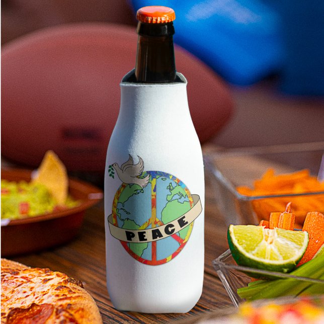 Retro Colourful Hand Drawn World Peace with Dove Bottle Cooler (Creator Uploaded)