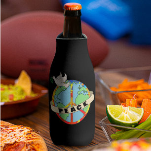 Retro Colourful Hand Drawn World Peace with Dove Bottle Cooler