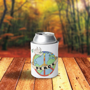 Retro Colourful Hand Drawn World Peace with Dove Can Cooler