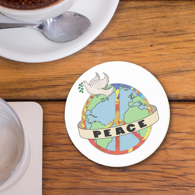Retro Colourful Hand Drawn World Peace with Dove Coaster (Creator Uploaded)