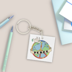 Retro Colourful Hand Drawn World Peace with Dove Key Ring