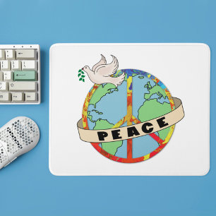 Retro Colourful Hand Drawn World Peace with Dove Mouse Pad