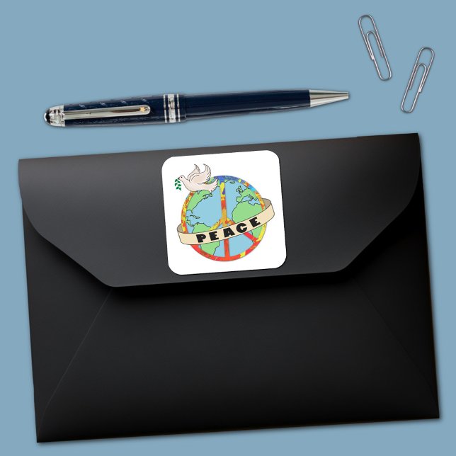 Retro Colourful Hand Drawn World Peace with Dove Square Sticker (Creator Uploaded)