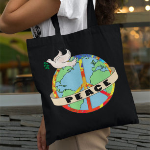 Retro Colourful Hand Drawn World Peace with Dove Tote Bag