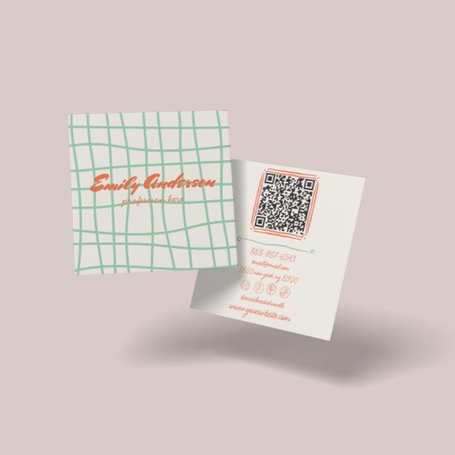 Retro Colourful Hand Written Drawn Groovy QR Code Square Business Card (Creator Uploaded)