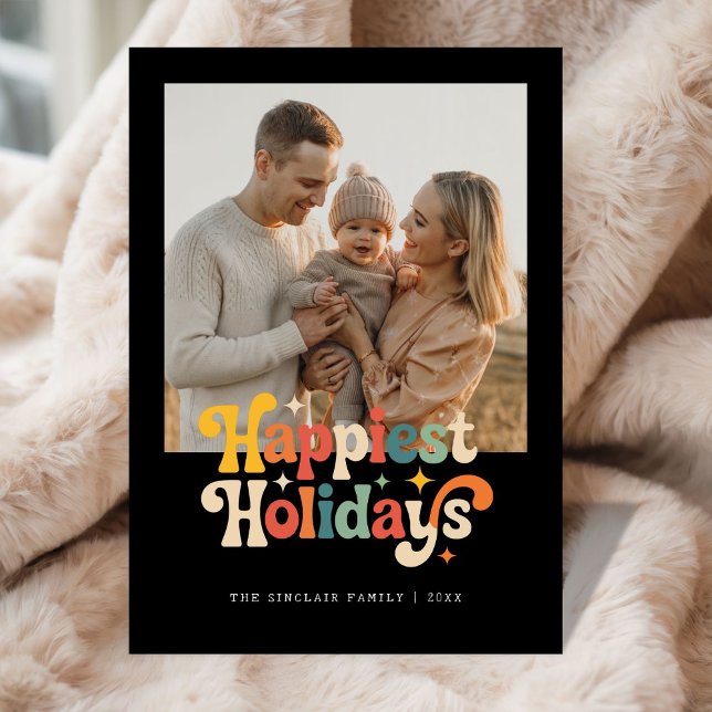 Retro Colourful Happiest Holidays Family Photo Holiday Card (Creator Uploaded)