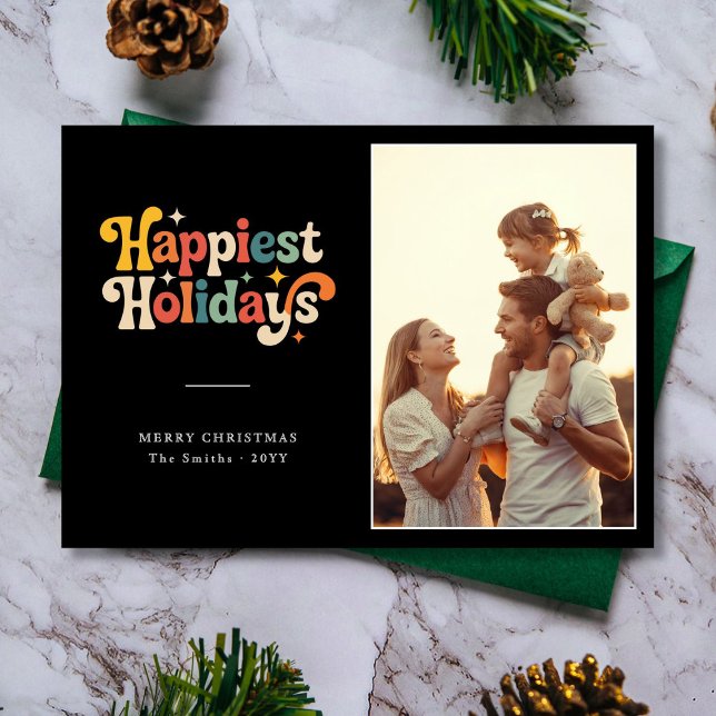 Retro Colourful Happiest Holidays Family Photo  Holiday Card (Creator Uploaded)