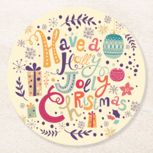 Retro Colourful Have A Holly Jolly Christmas Round Paper Coaster