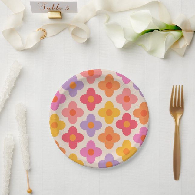 Retro Colourful Hippie Mod Flowers Pattern  Paper Plate (Wedding)