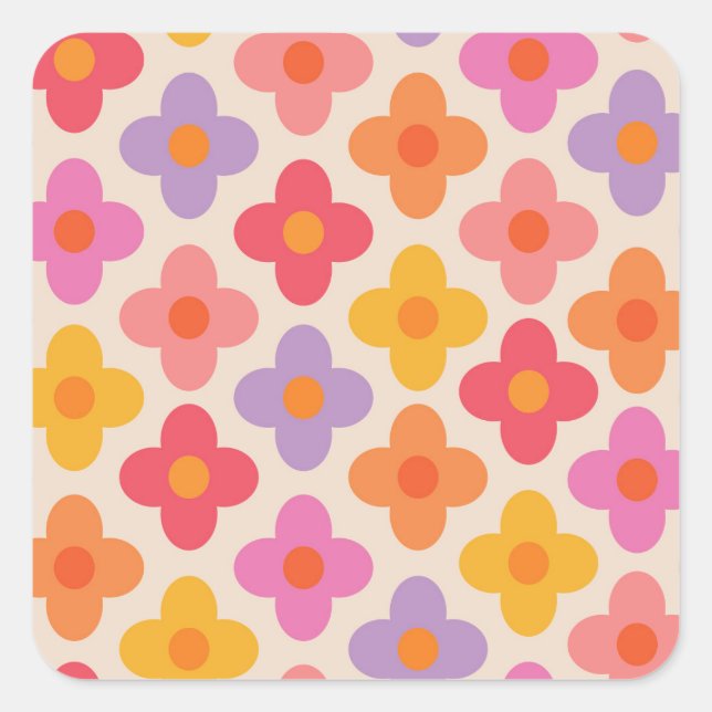 Retro Colourful Hippie Mod Flowers Pattern  Square Sticker (Front)