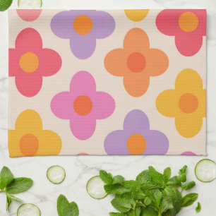 Retro Colourful Hippie Mod Flowers Pattern Tea Towel