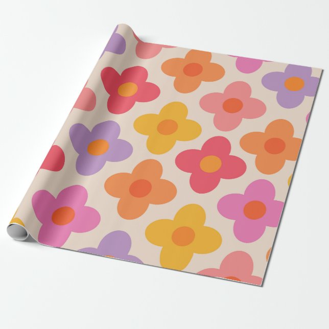 Retro Colourful Hippie Mod Flowers Pattern  Wrapping Paper (Unrolled)