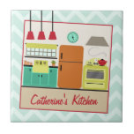 Retro Colourful Kitchen Tile<br><div class="desc">A kitchen tile featuring an illustration of a retro inspired kitchen decorated with a red, turquoise, orange, and yellow colour scheme. Personalise with your name in red. Background is light blue with zig zags.</div>