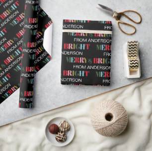 Retro Colourful Merry and Bright Family Christmas Wrapping Paper
