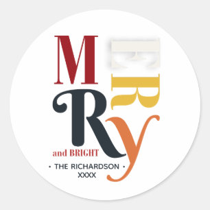 Retro Colourful Merry & Bright Vintage Christmas Classic Round Sticker