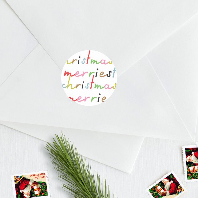 retro colourful modern Merry Christmas Holiday Classic Round Sticker (Creator Uploaded)