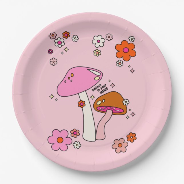 Retro Colourful Mushrooms And Flowers Pink Paper Plate (Front)
