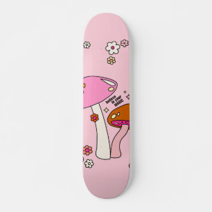 Retro Colourful Mushrooms And Flowers Pink Skateboard