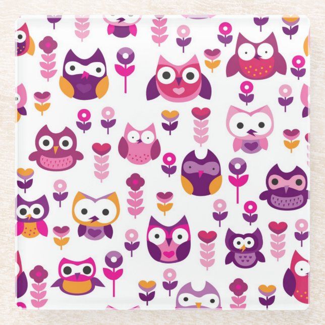 retro colourful owl bird pattern glass coaster (Front)