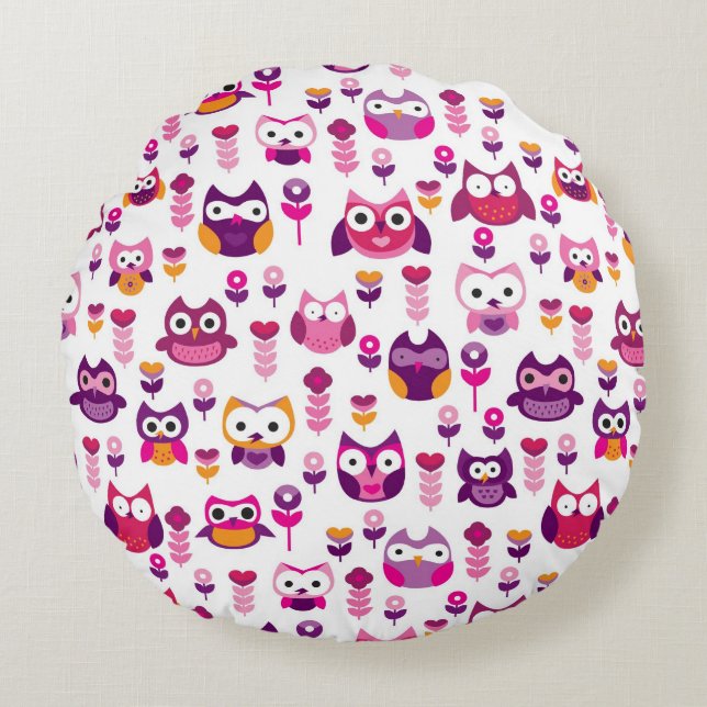 retro colourful owl bird pattern round cushion (Front)