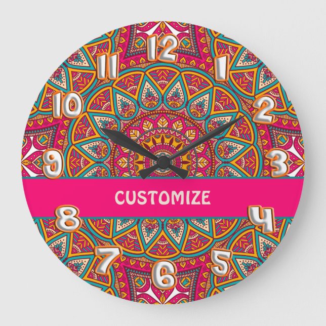 Retro Colourful Pink Mandela 70s Boho Large Clock (Front)