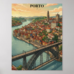 Retro Colourful Porto Portugal Travel Illustration Poster