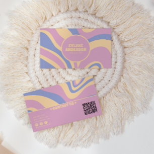 Retro Colourful QR Code Girly Groovy Wavy Lines Business Card